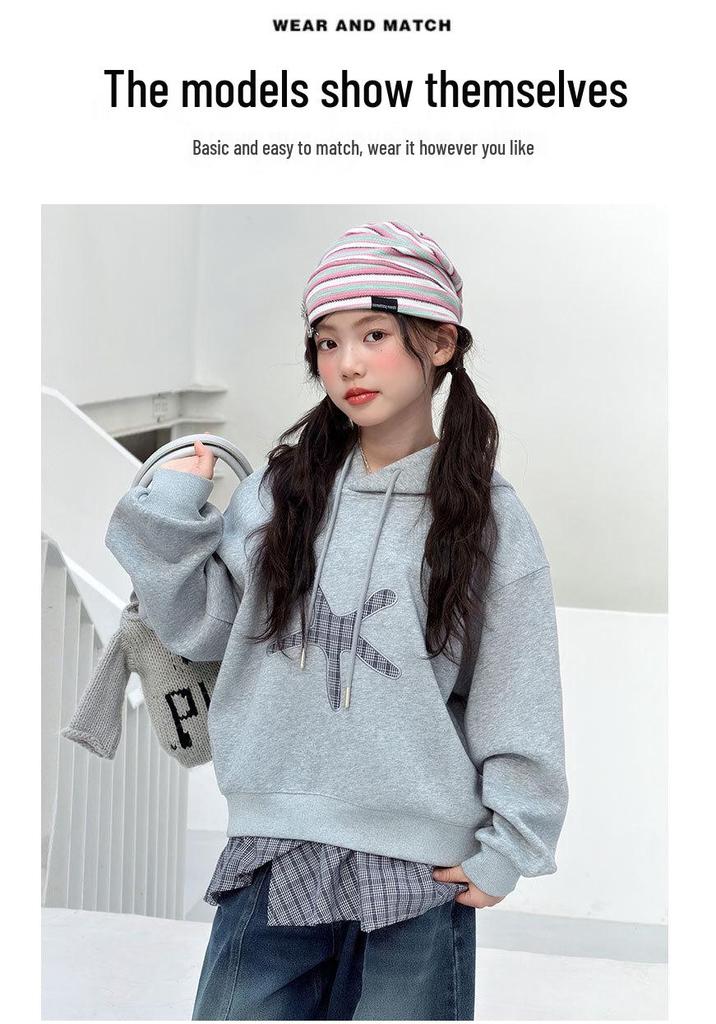 Girls' Plaid Patchwork Hooded Sweatshirt: 2026 Autumn Style for Middle and Older Children - Faux Two-Piece Long-Sleeve Top