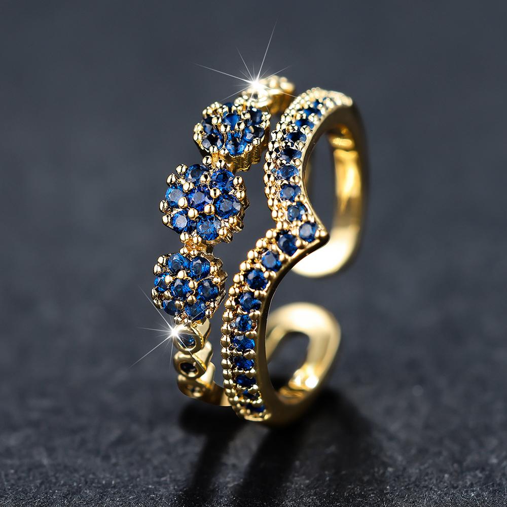 Luxury Green Blue Red Black Stone Wave  For Women Gold Color Zircon Flower Wedding Bands Adjustable Finger Ring