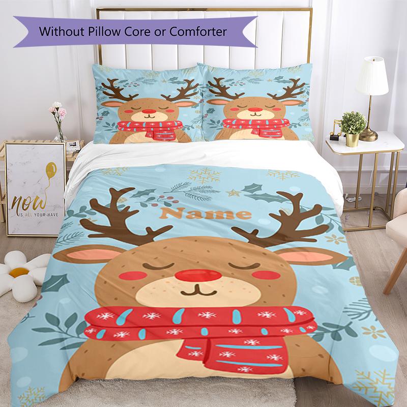 3pcs Custom Name Christmas Reindeer Bedding Set Duvet Cover Closure Includes 1 Duvet Cover & 2 Pillowcases, Soft and Comfortable for All Seasons.