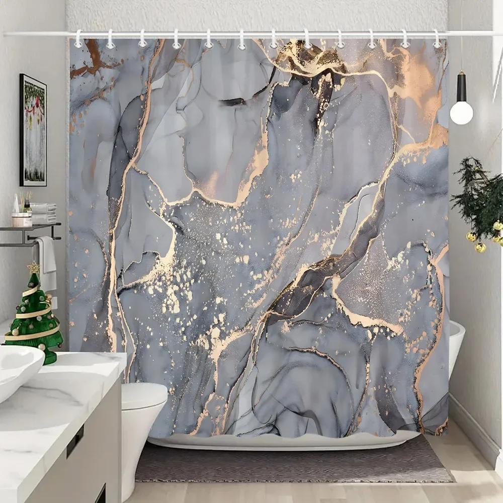 Blue Gold Textured Marble Shower Curtain Black White Natural Art Pattern Polyester Fabric Washable Shower Curtain Bathroom Dec