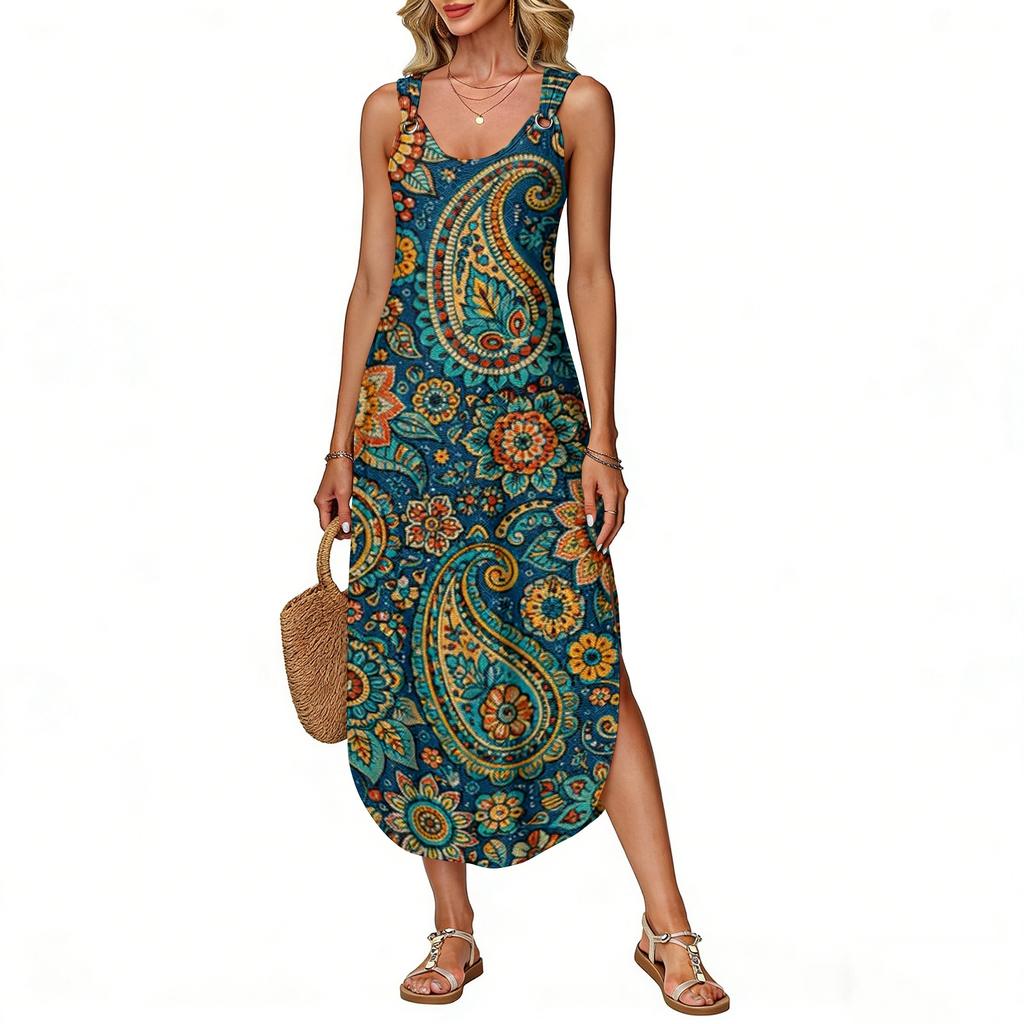 Women's Summer Long Dress, Sleeveless With Side Slits, Long Retro Printed Camisole Dress