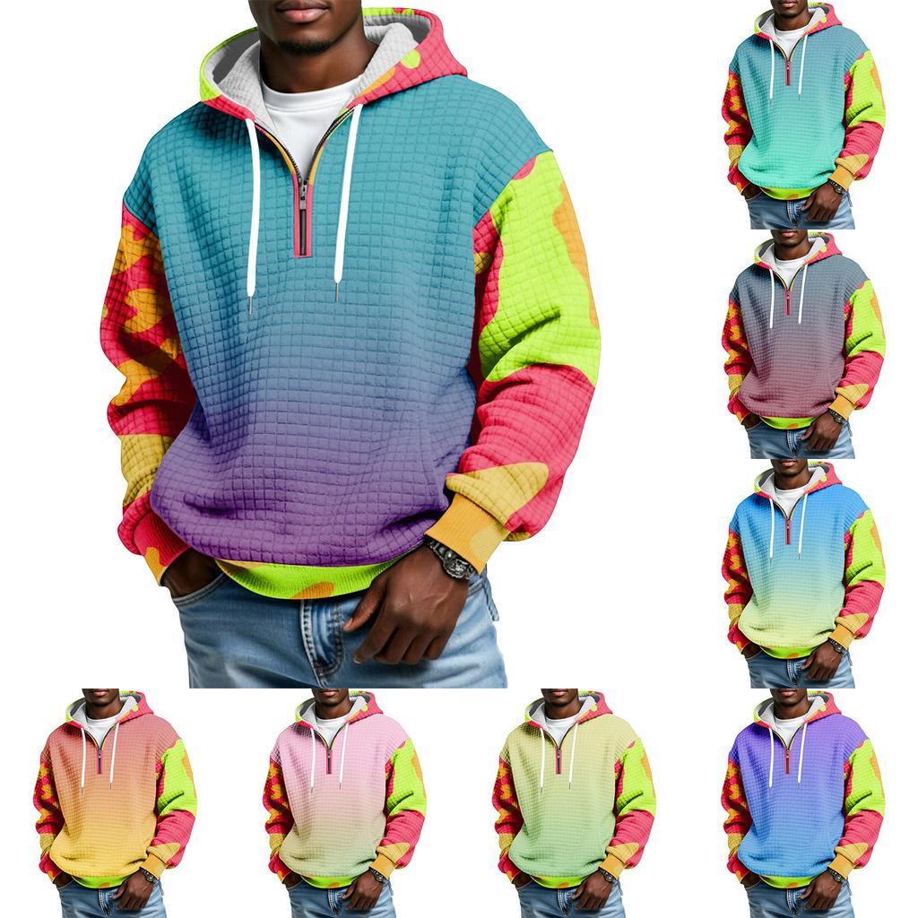 Sudadera Deportiva Casual para Hombre con Capucha y Media Cremallera a Cuadros con Cordón y Estampado