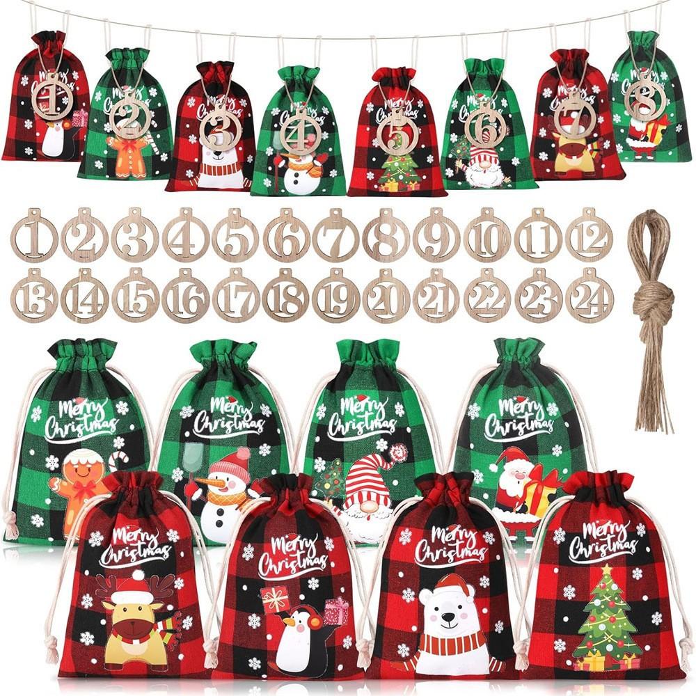 24Pcs Christmas Advent Calendar Number Bags Christmas Gift Burlap Drawstring Bags DIY Countdown Advent Calendar Set with Rope