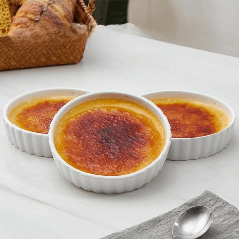 6pcs Kitchen Baking Container Ceramic Creme Brulee Ramekins Round Shallow Tart Baking Pan White Pie Baking Tray Pudding