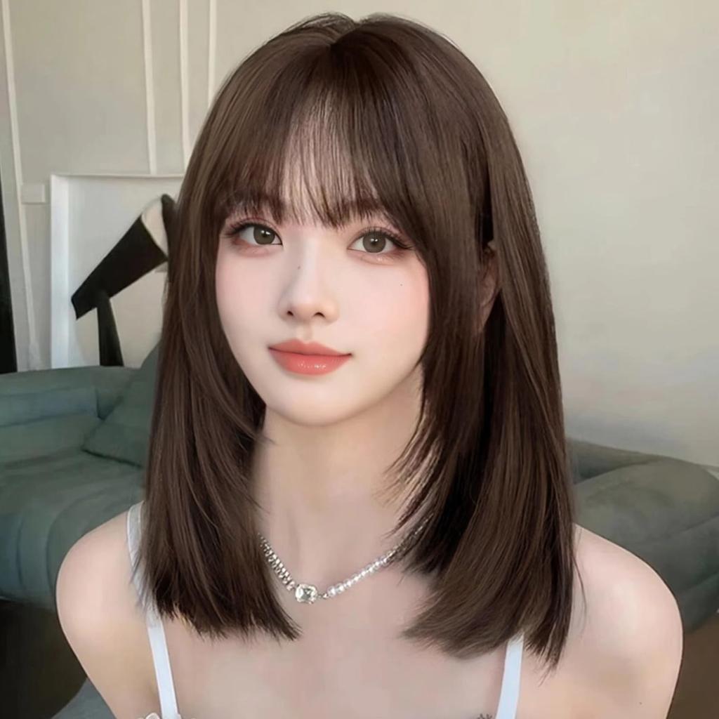 EMMOR Perücke Perücke Vollperücke Crossdressing-Perücke Mittel Gerade Perücke Natürlich Kleines Gesicht Hitzebeständig Schicht Netz Inklusive Dunkelbraun Mittelang Damen Damen