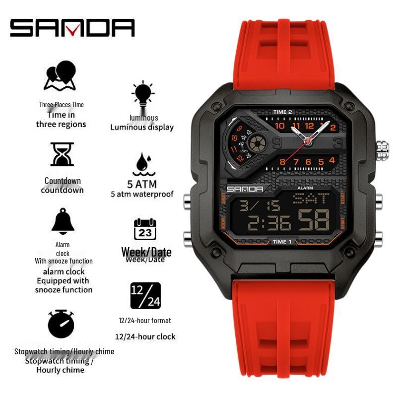 SANDA Men's Luxury Quartz Watch - Steel Band, Waterproof, Three-Time Zone, Versatile for Casual and Workplace Wear.