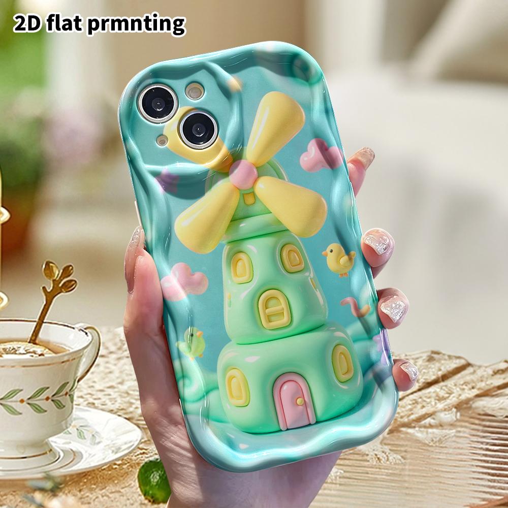 Phone Case: 2D flat design suitable for iPhone 18 17 16 15 14 13Pro, mint green windmill cottage, perfect Christmas and Halloween holiday gift