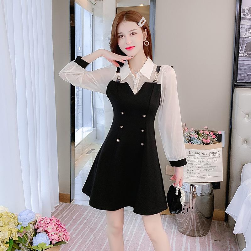 

Весеннее новое платье-обманка из двух частей, женская одежда, весеннее, с завышенной талией, тонкое, с низом в виде маленькой черной юбки L чёрный