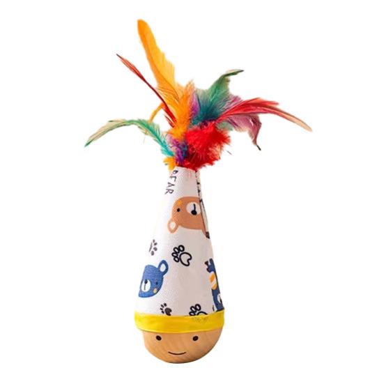 Wooden Tumbler Cat Toy Interactive Cat Feather Toy Self Play Enrichment Toy for Indoor Cats Kitten Exercise A