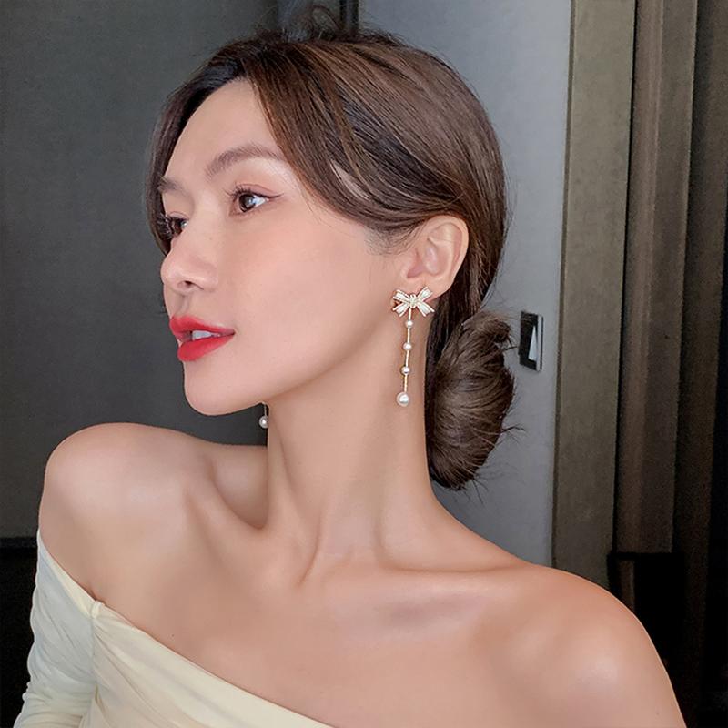 Elegant Bow Pearl Tassel Long Earrings Party Girls 'Luxury Jewelry Korean Fashion Accessories Drop Earrings For Woman