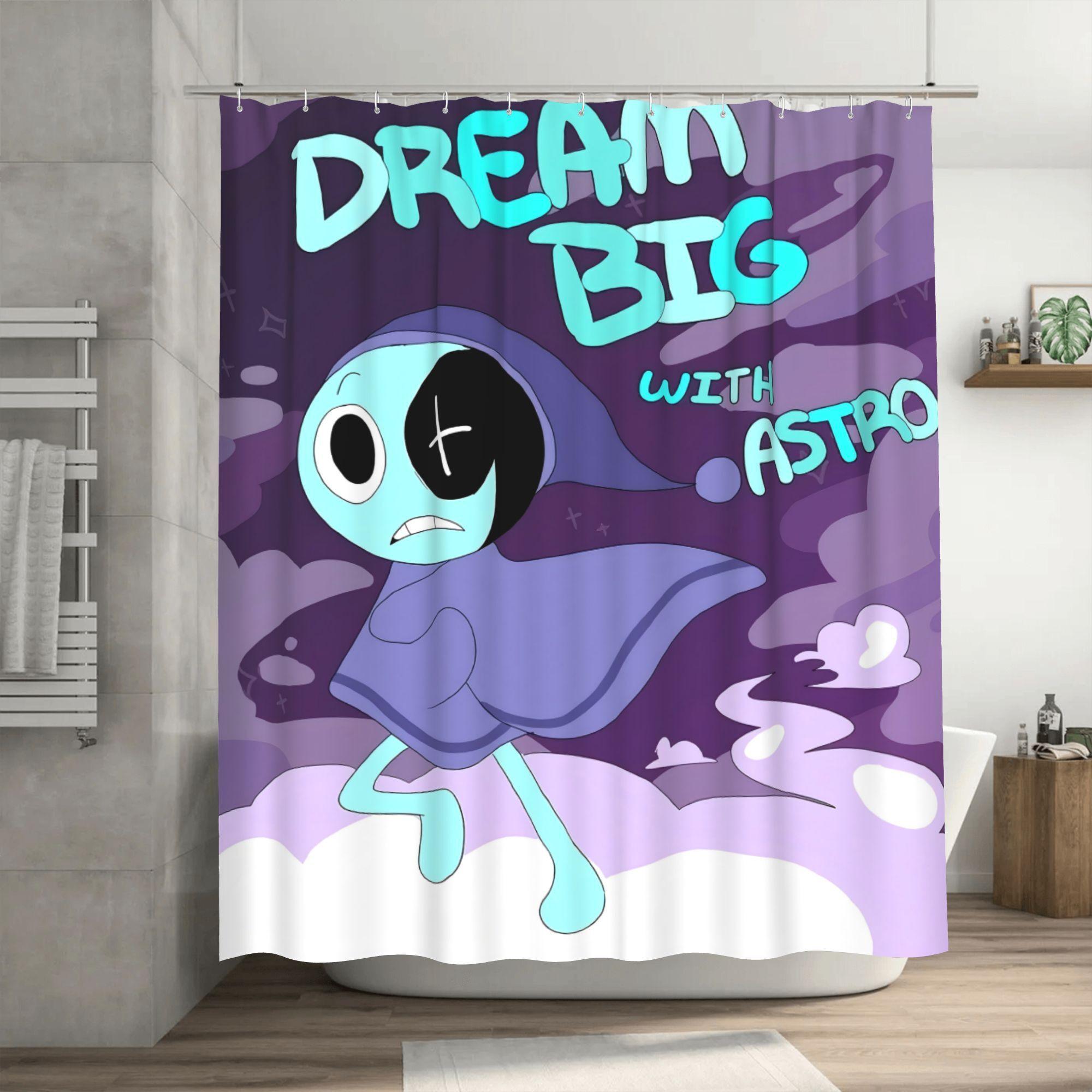 

Dandy S World Astro Shower Curtain with Hooks - Fun Birthday Gift, Purple Cartoon Character Design, Machine Washable Polyester, 90x180cm