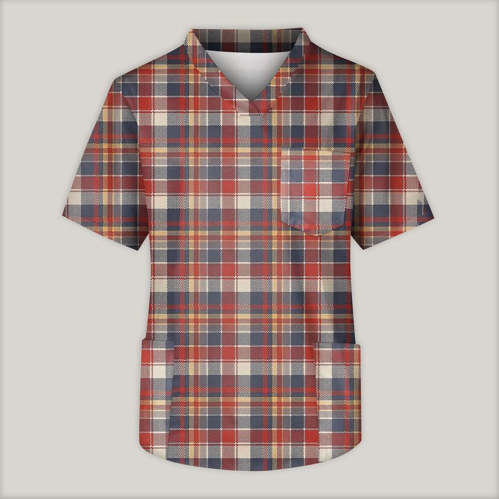Men's Printing Short Sleeve V-neck Working Blouse Chest Pocket Carer Top