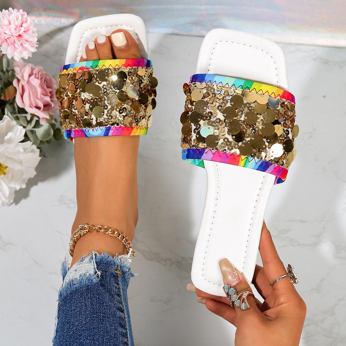 

Шлепанцы с пайетками на плоской подошве, женские летние новые шлепанцы с квадратным носком, большие размеры 44, шлепанцы на перемычке 44