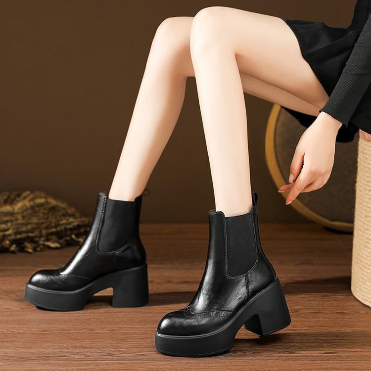 Muffin Sole Thick Heel Leather Martin Boots 2025 Autumn and Winter New Hand-scratched Brown Waterproof Table High Heel Chelsea Boots
