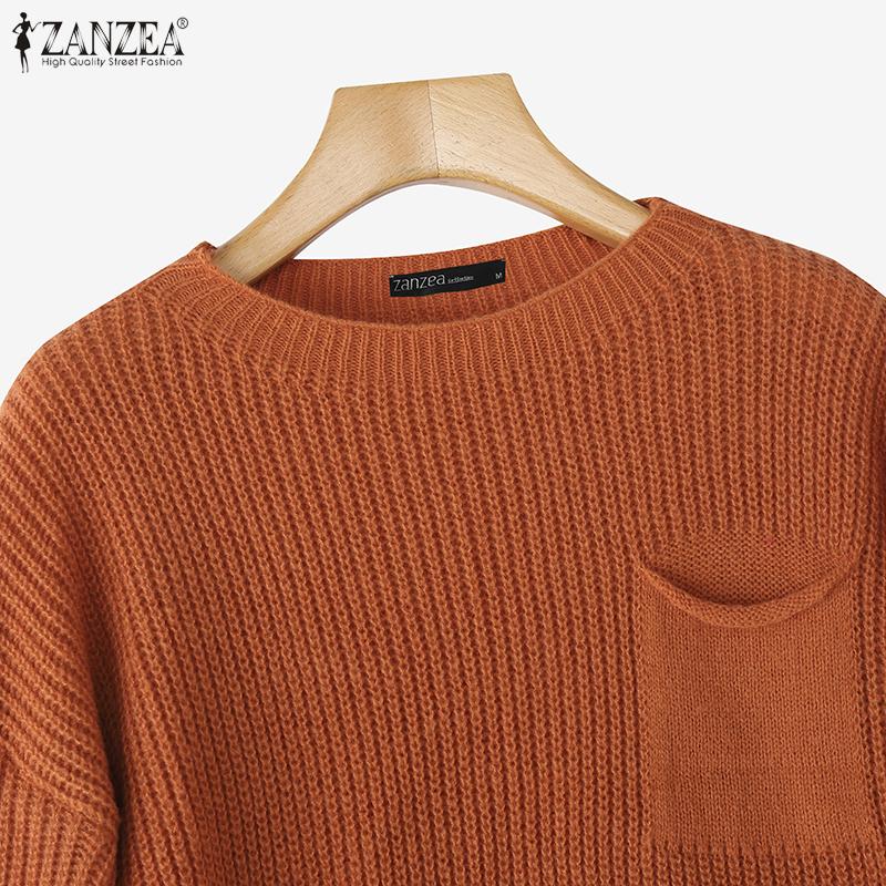ZANZEA Women Autumn Sweaters Round Neck Long Sleeve Knitted Pullover Jumpers