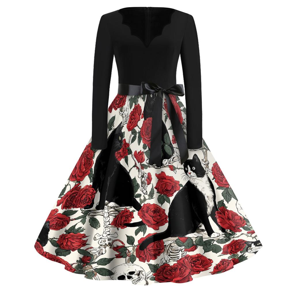 Women's Vintage V Neck Dress Long Sleeve Casual Halloween Print Retro Style Fit and Flare Midi Dress with Waist Tie and Floral Skeleton Cat Pattern