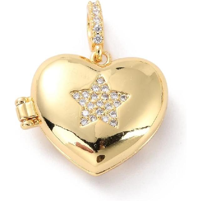 Ipotkitt 5Pcs Heart with Star Brass Micro Pave Cubic Zirconia Diffuser Locket Charm Pendants Openable Ornaments for DIY Making - 19.5x22.5mm