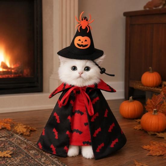 Huaqianguhh 1 Set Pet Halloween Costume, Spider Pumpkin Wizard Hat And Double-Sided Bat Print Cape, Holiday Party Outfit for Cats Dogs