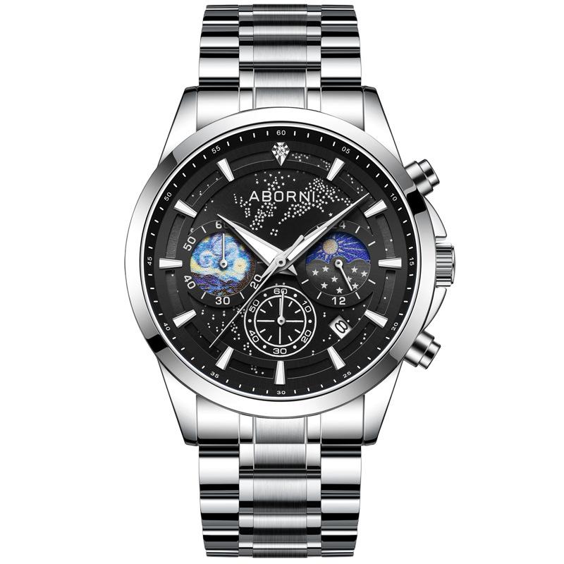 ABORNI Casual Sporty Brand Stainless Steel Band Wristwatches for Men Chronograph Quartz Watches with Date Moon Phase Watches