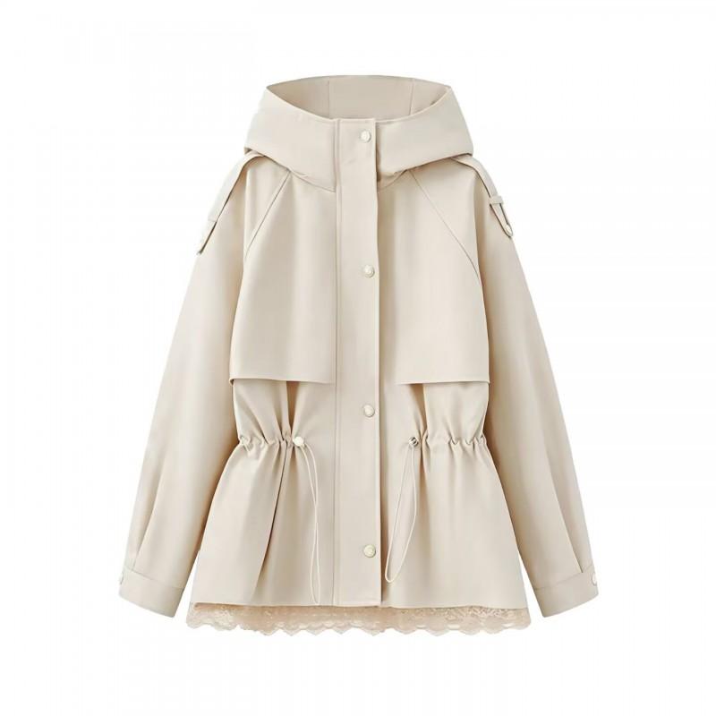 Womens Fall Winter Trench Coat Cotton Padded Jacket Lace Trim Elastic Waist Solid Color