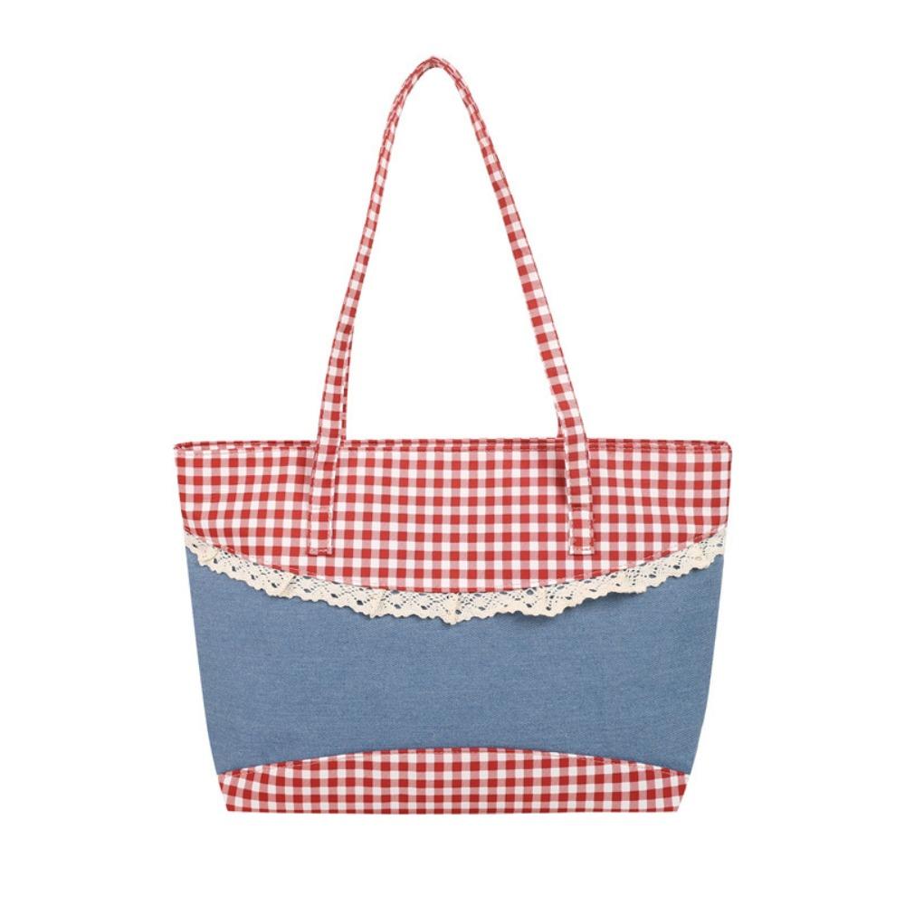 Lattice Lace Bow Shoulder Bag Rural Style Commuting Tote Bag Retro Denim Plaid Handbag Students