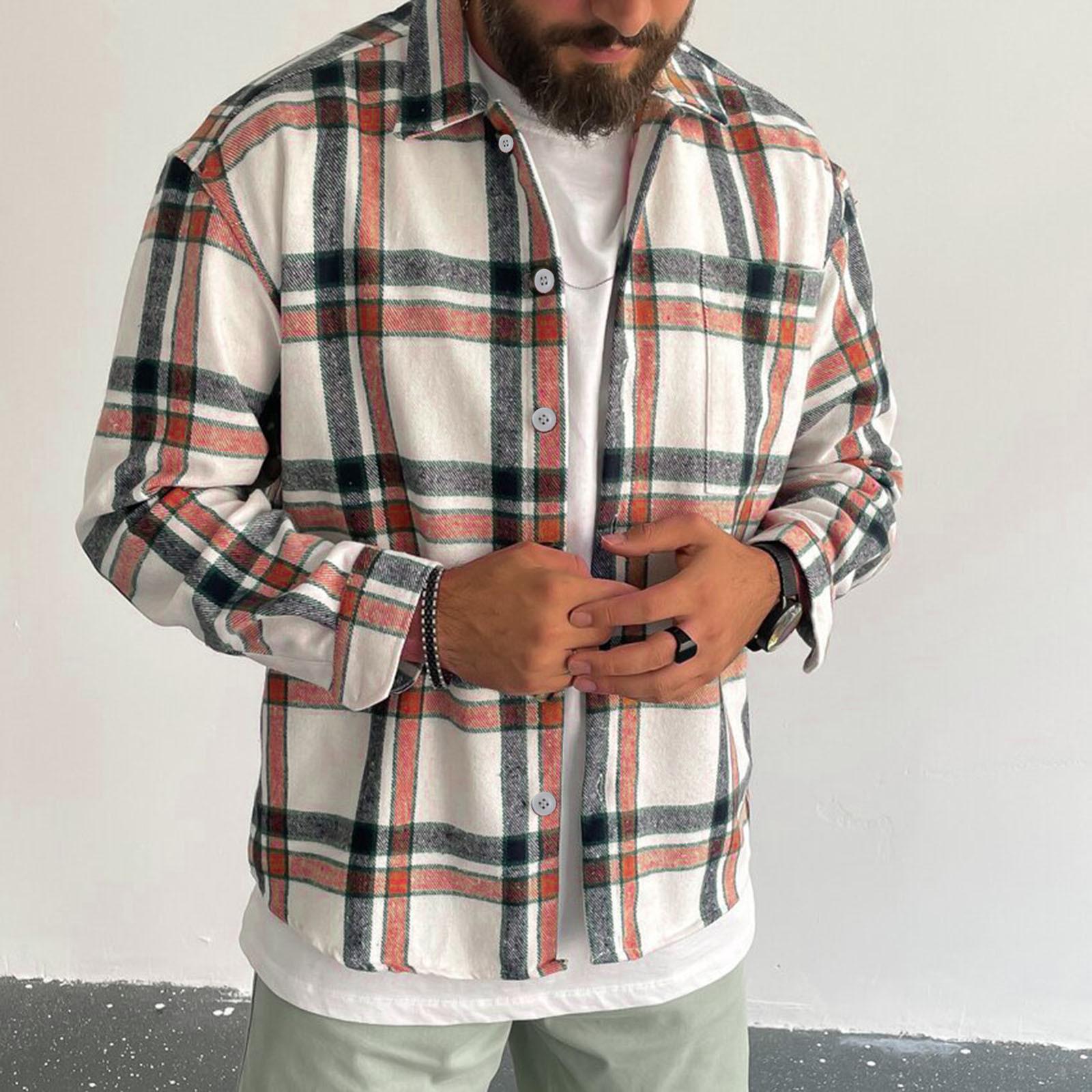 

Men s Casual Fashion Plaid Printing Loose Lapel Long Sleeve Shirt Tops Blouse L хакі