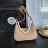 Pink Soft Leather Hobo Shoulder Bag For Women Elegant Style Underarm Bag With Pearl Decorated Chain And Wide Strap For Daily Use