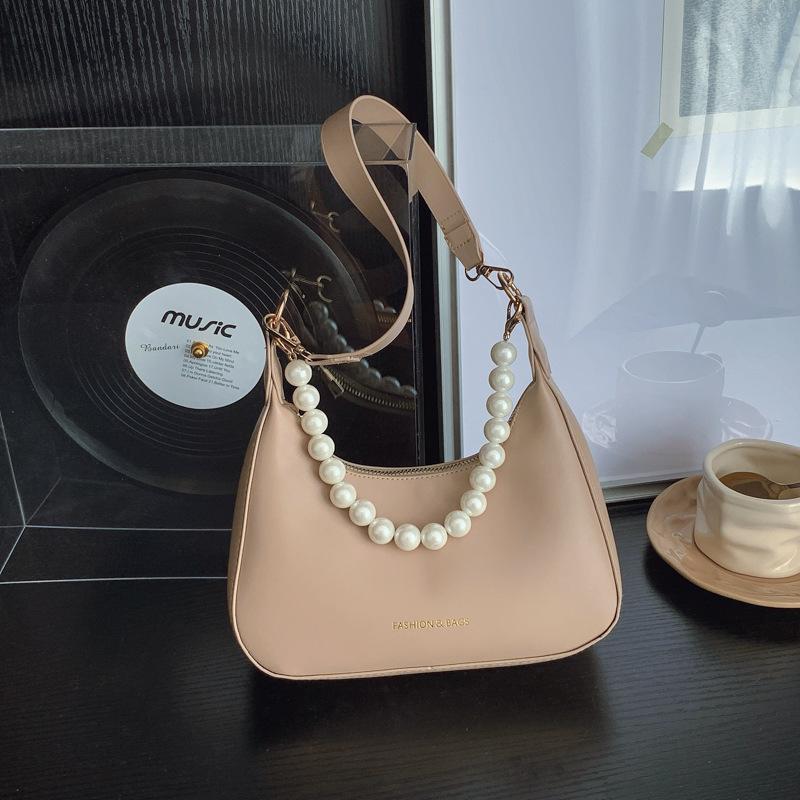 Pink Soft Leather Hobo Shoulder Bag For Women Elegant Style Underarm Bag With Pearl Decorated Chain And Wide Strap For Daily Use