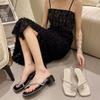 Comfortable and versatile one-pedal cover toe transparent one-word strap 2025 spring and summer new square heel rhinestone bow women's sandals