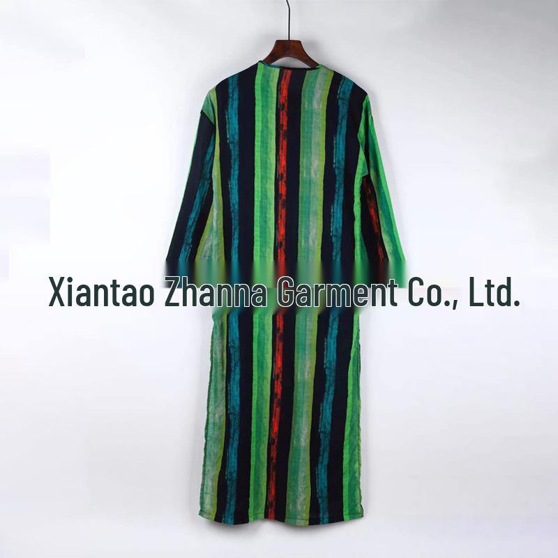 Men's Striped Muslim Long Robe Jumpsuit Tang Suit with Stand-up Collar