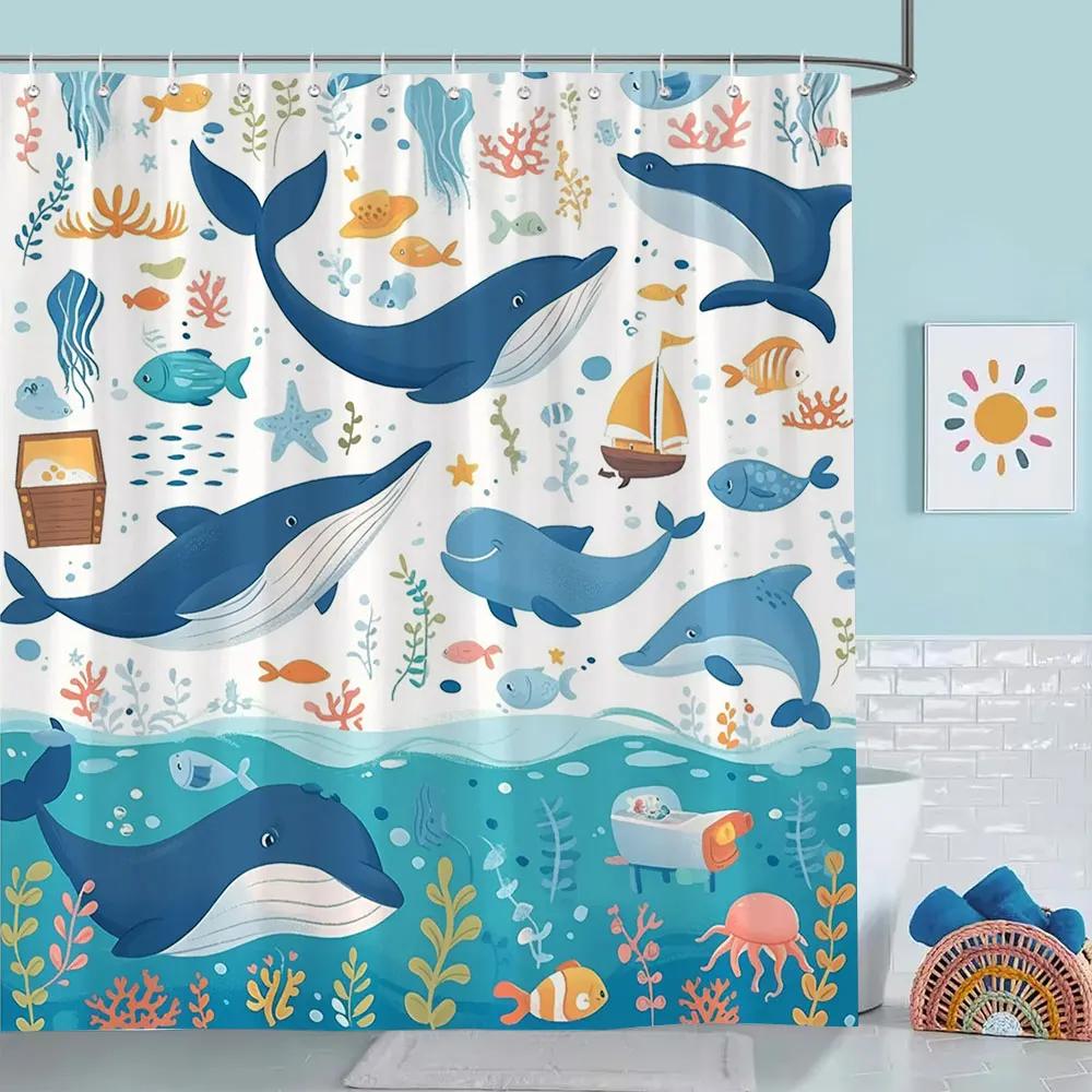 Ocean Cartoon Animal Shower Curtain Pirate Hat Dolphin Sailing Starfish Nautical Polyester Kids Shower Curtains Bathroom Decor