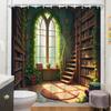 ~O~1pc Whimsical Library Shower Curtain - Spiral Staircase, Wooden Shelves, Lush Greenery, 70.8x70.8", 12 Hooks