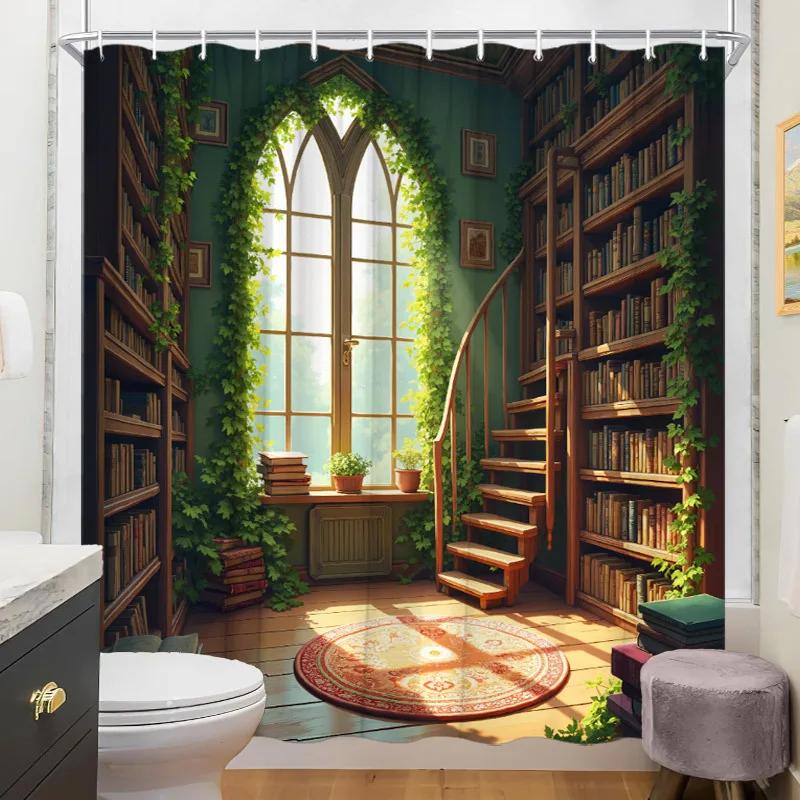 ~O~1pc Whimsical Library Shower Curtain - Spiral Staircase, Wooden Shelves, Lush Greenery, 70.8x70.8", 12 Hooks