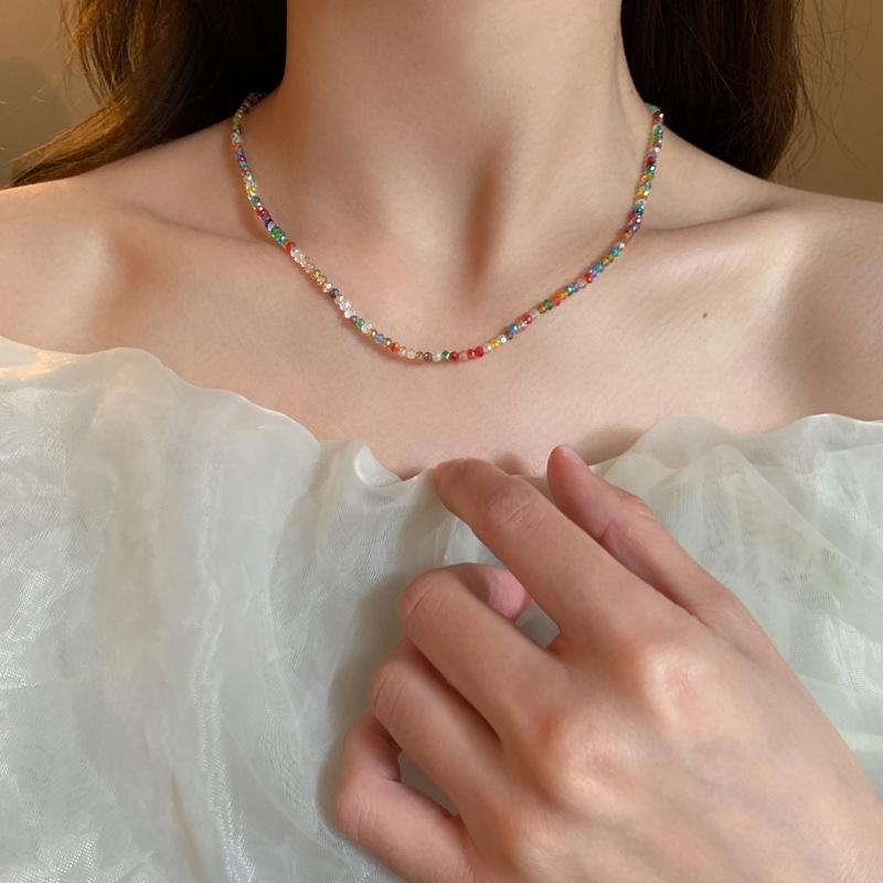 Ultra-Fine Colored Crystal Clavicle Necklace - Summer Luxury, High-End Forest Style with Small Beads for Women