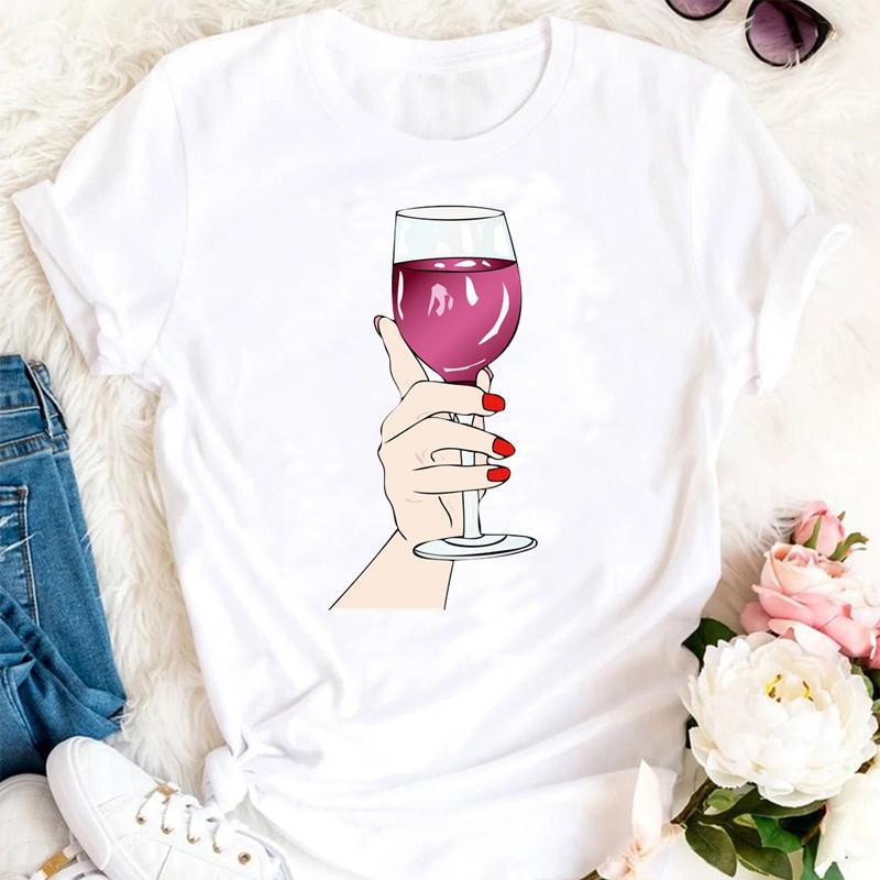 Womens Fashion Wine Glass Print Trendy Womens Base Layer Halfsleeved Womens Wear Shortsleeved Women Tshirt for Summer