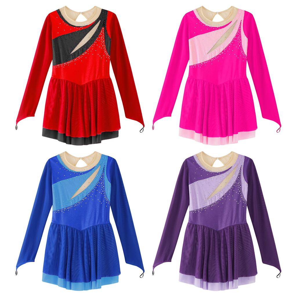 Dětská Dívčí třpytivá štrasová kombinéza Unitard s dlouhým rukávem a klíčovou dírkou na zádech pro krasobruslení Akrobacie Gymnastika