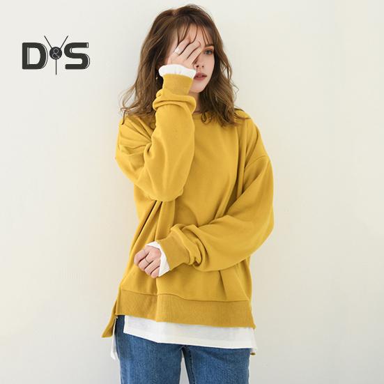 Women Sweatshirt Round Neck Long Sleeve Solid Color Loose Fit Pullover Tops Fake Two Pieces Side Slit Design Casual Sport Tops