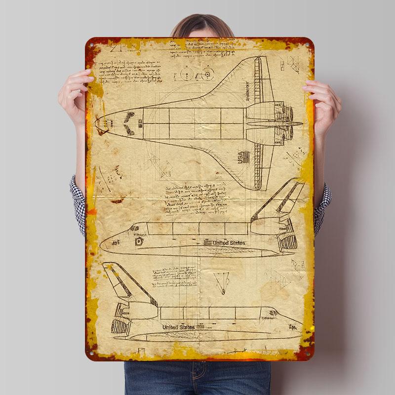 Zeichnungen eines Space Shuttles Poster Maßgeschneiderte Wandkunst Vintage Metallschilder Retro Blechschild für Man Cave Heimdekoration Raumdekorationen