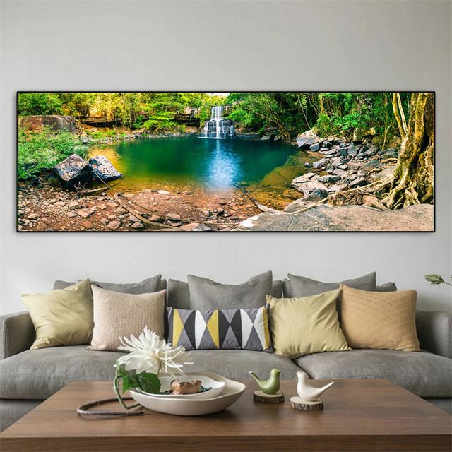 Krajina Přírodní Vodopád Obraz na plátně Zelený strom Jezerní list Plakáty a obrazy Nástěnný obraz Obývací pokoj Home Decor Bez rámu