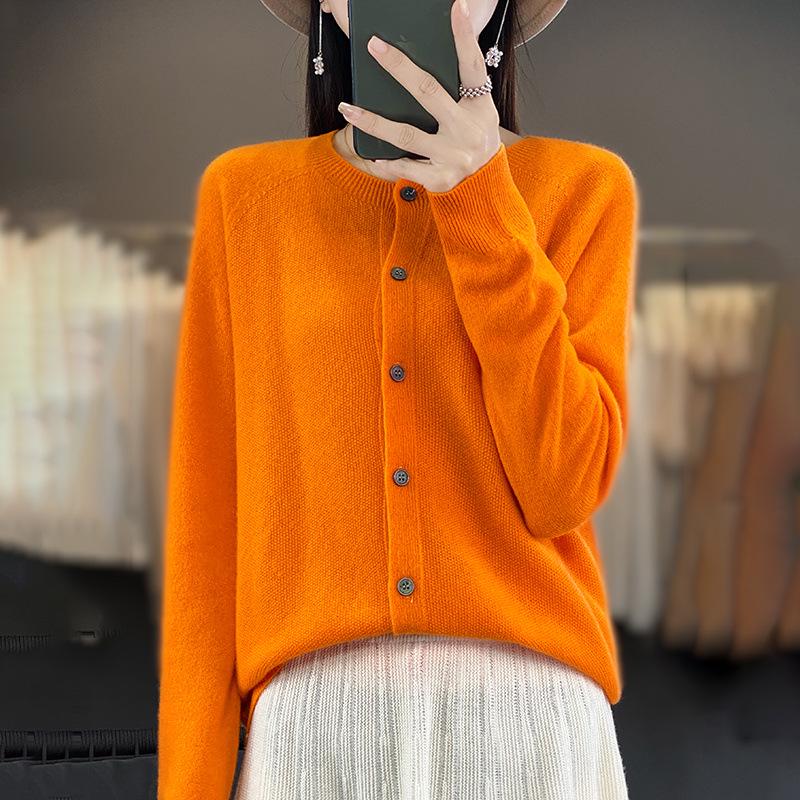 Korean Style Loose Wool Cardigan for Women - 100% Pure Wool, Fine Knit, Round Neck Sweater