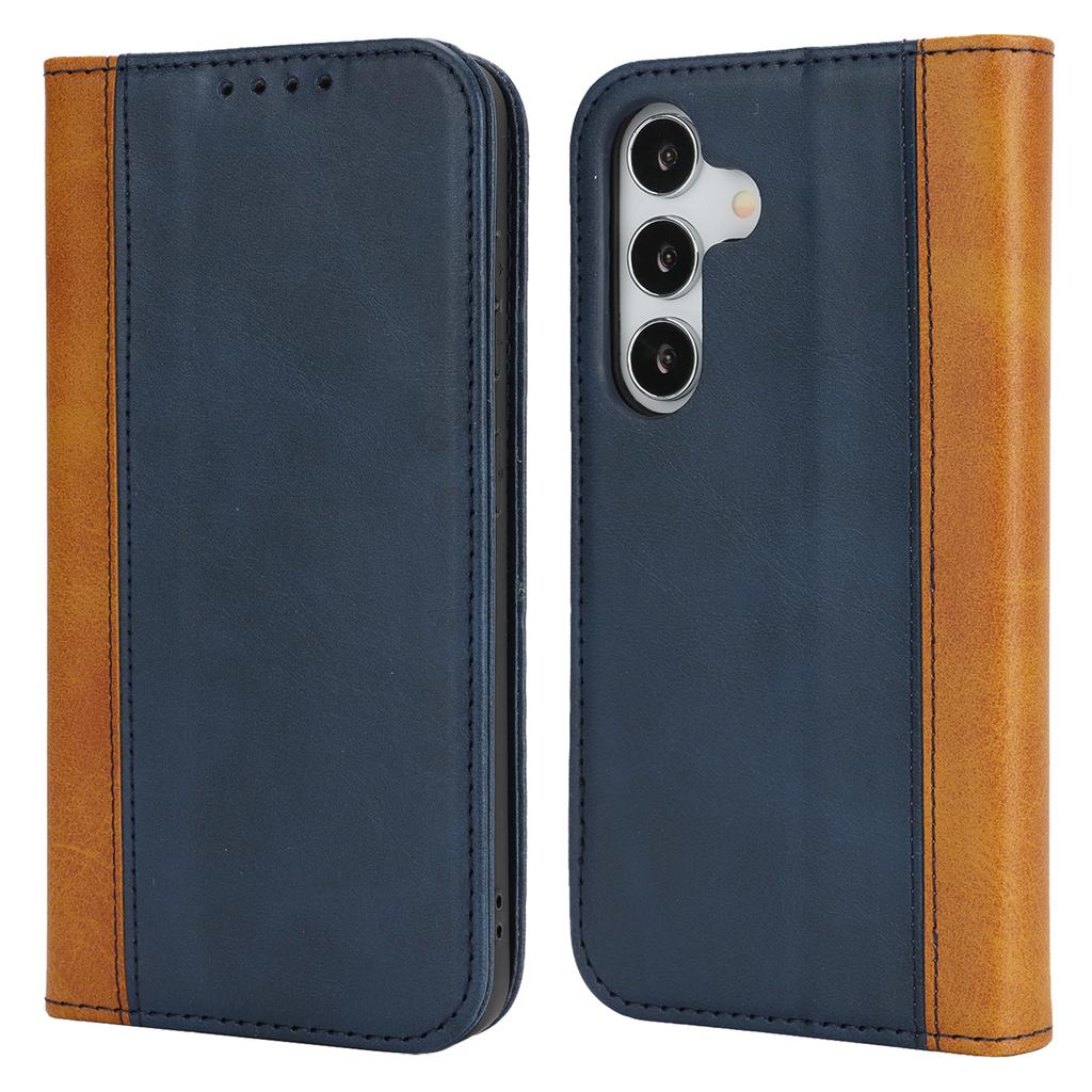 For Samsung Galaxy S25 Case Calf Texture 3 Card Slots Color Splicing Leather Phone Cover