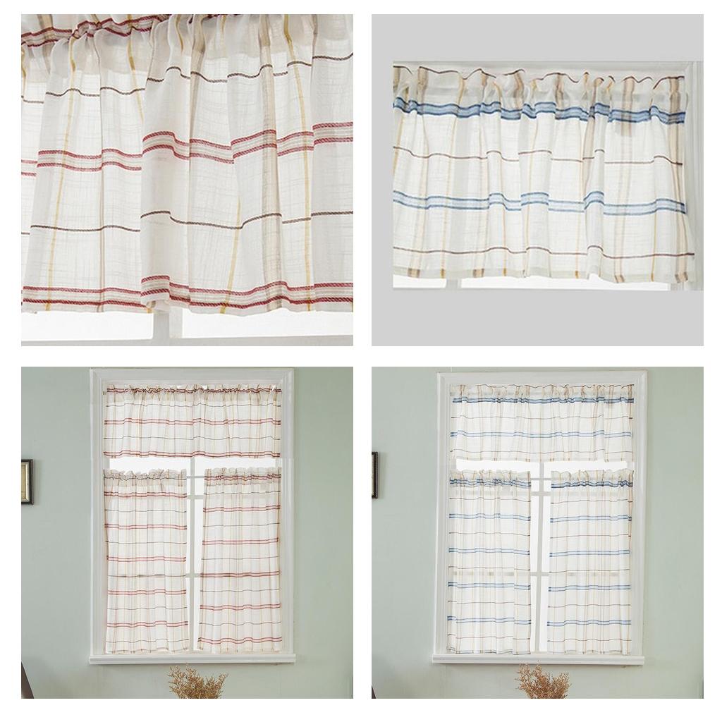 Checked Linen Window Tiers Kitchen Cafe Half Curtains Valance Decoration