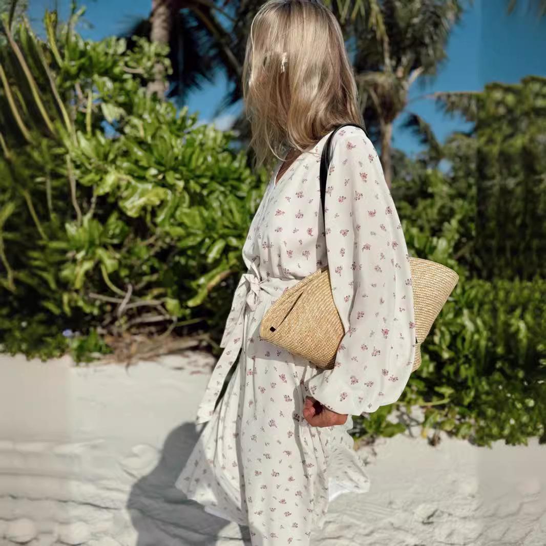 Женское летнее этническое принтованное платье с длинными рукавами и высокой талией — фото 5