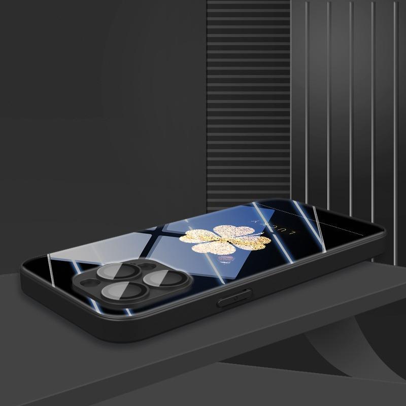 Minimalist Golden Lucky Clover Pattern Glass Phone Case For iPhone 17 16 15 14 Pro Max 13 12 11 17Air 16E 7 8 Plus XR XS X Cover