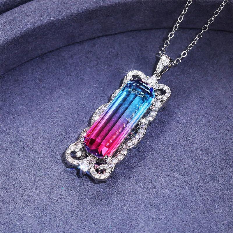 Silver Plated Baguette Cut Gradient CZ Pendant Necklace, Ornate Scrollwork Frame Cable Chain Necklace for Women