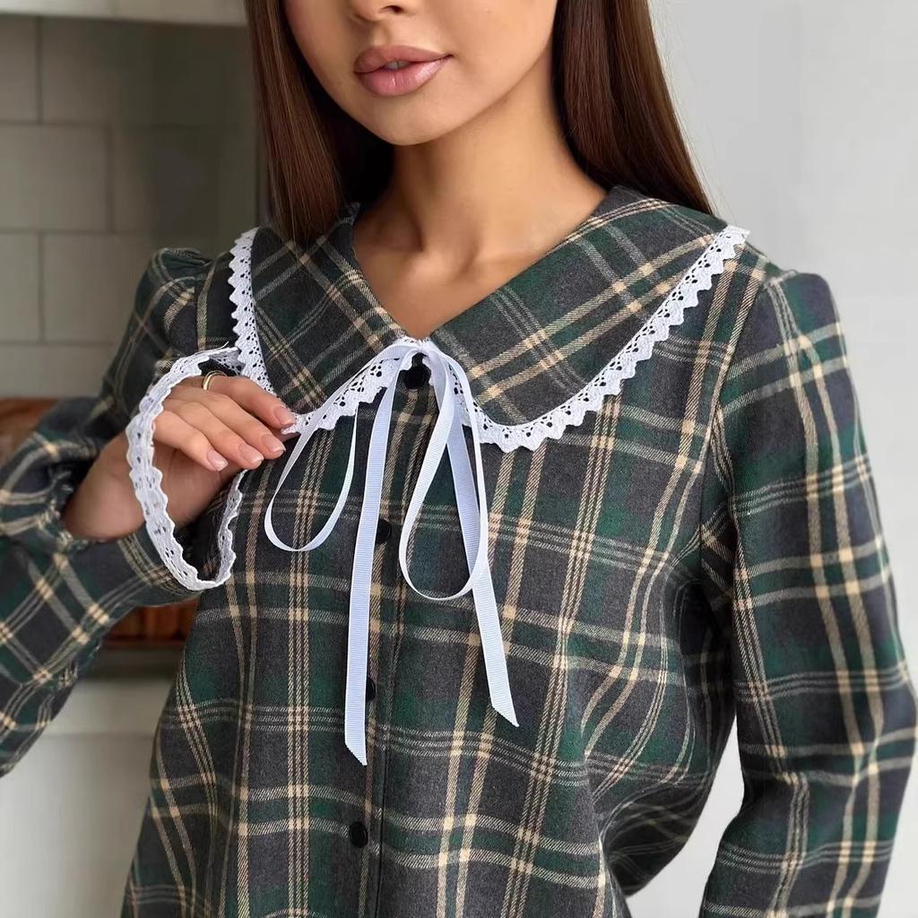 Women's Lace-trimmed Collar Button Down Shirts Long Sleeve Classic Plaid Business Casual Blouse Top Spring Fall Oversized Loose Fit Shirts for Women