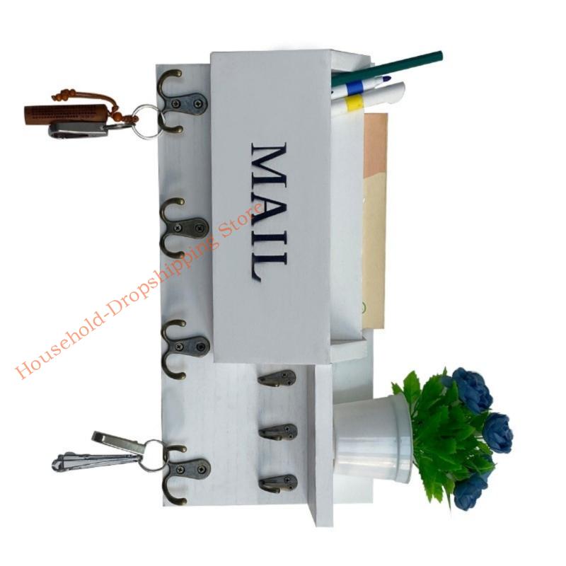 Wooden Wall Mailbox And Holder With Hooks Wall Mounted Letter Container 85AD