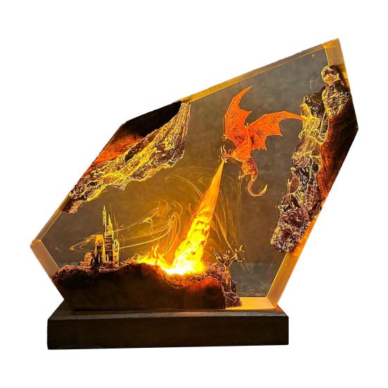 Epoxy Resin Dragon Lamp Handmade Flame Dragon Night Light for Bedside Living Room Collectible Gifts for Son Husband Boyfriend Fantasy Enthusiasts
