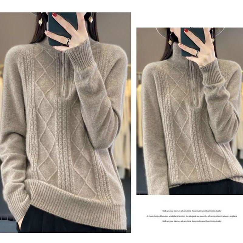 Women's Polo Collar Sweater  Autumn Winter Thick Woolen SweaterSolid Color Pullover Wool Knitwear