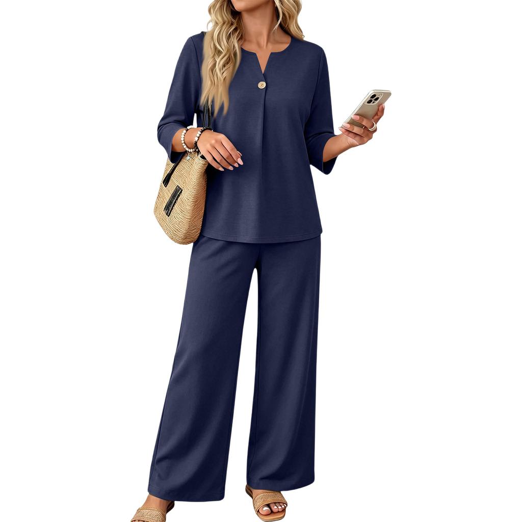 Women's 2-Piece Outfit Set Button Down 3/4 Sleeve Top and Wide Leg Pants Color Casual Matching Set for Everyday Wear